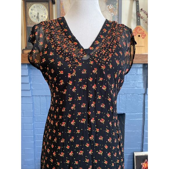VTG 90s Y2k April Cornell S Rayon Floral Prairie Babydoll Slip Dress Sheer Beads - Picture 6 of 16